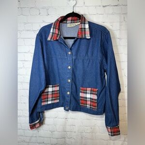 Vintage Rosettes size large denim jacket with plaid flannel trim